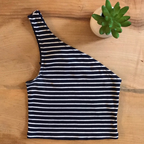 Express Tops - Express Crop Top Stripes One Shoulder Navy Blue